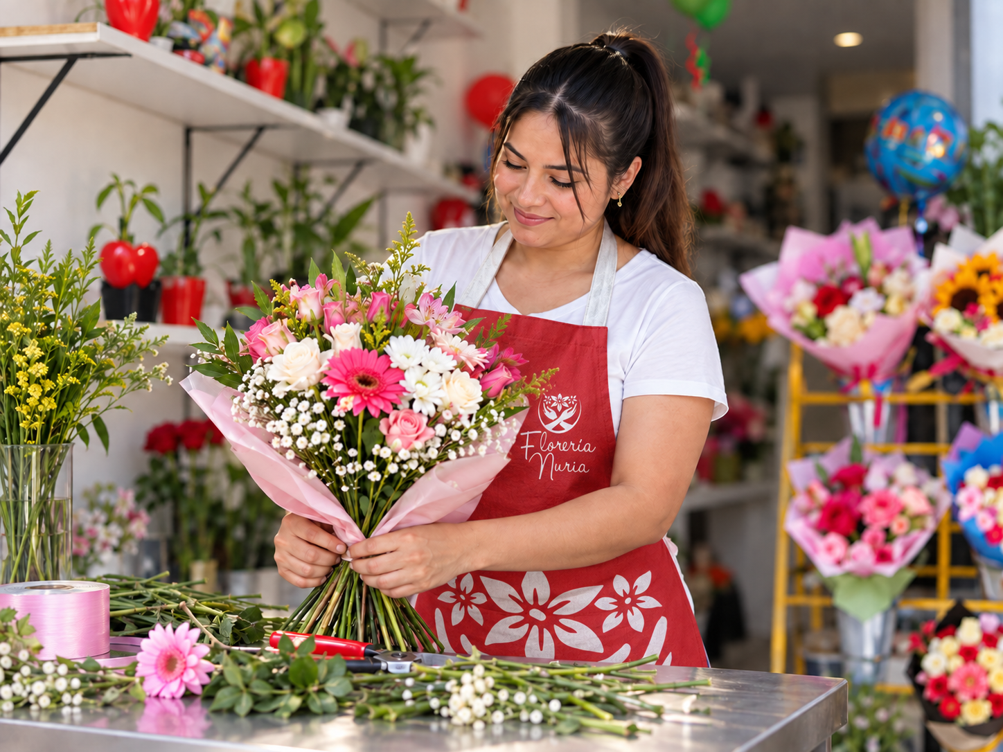 Nuria preparando un arreglo floral a mano