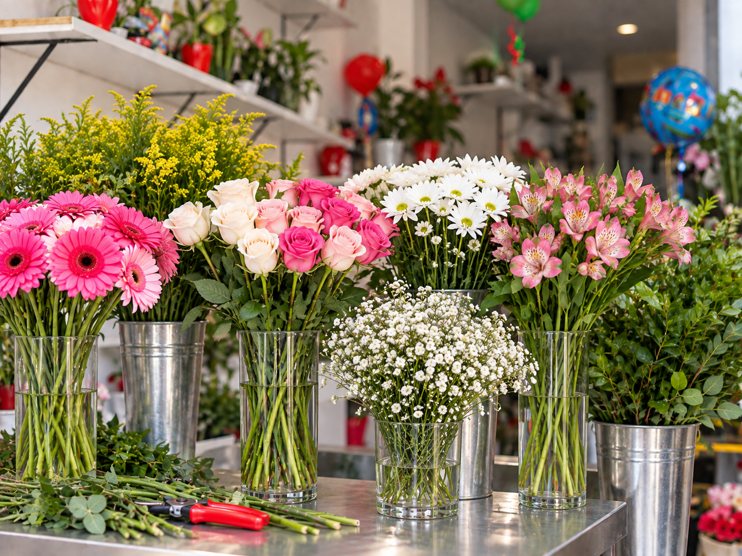 Flores frescas de temporada exhibidas en Florería Nuria